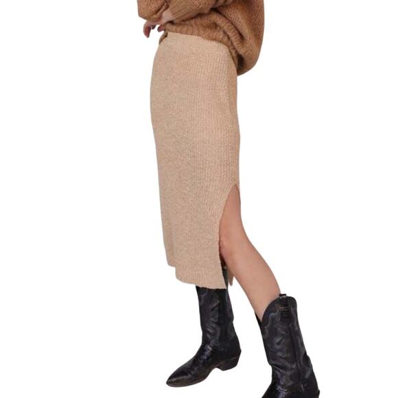 All Row Medium Knit Midi Skirt with Slits Elastic Waist Tan Camel Lined - Picture 1 of 9